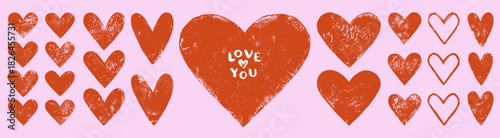 Hand printed linocut hearts set. Textured grunge relief printing heart shapes, rough aged texture. Lino ink grungy Valentine's day backgrounds, text frames, card templates. Love you handlettering.