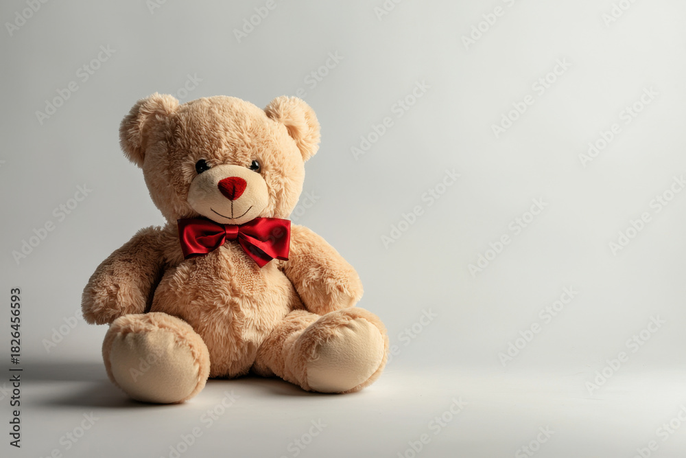 Fototapeta premium Soft plush teddy bear with red bow tie sits against plain light background, evoking warmth and comfort with its fluffy texture and friendly expression