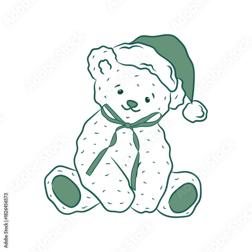 Christmas teddy bear on white background. Doodle toy, retro style