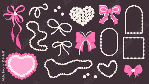Pearl jewelry set. Chain, bows, pearl frame and bows in Coquette aesthetic