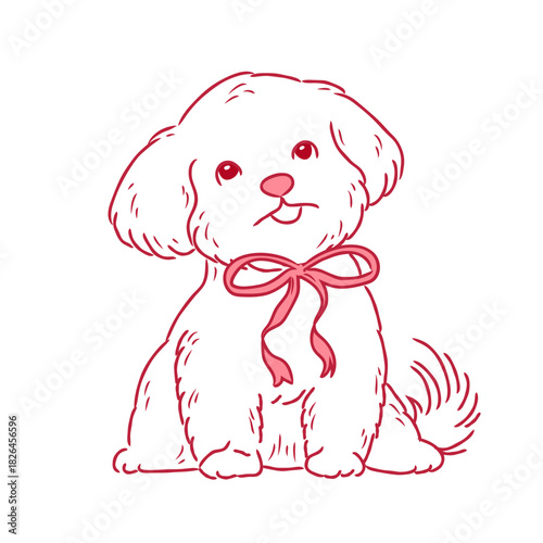 Cute fluffy puppy with pink bow. Drawn doodle element, pedigree dog for designing cards and invitations