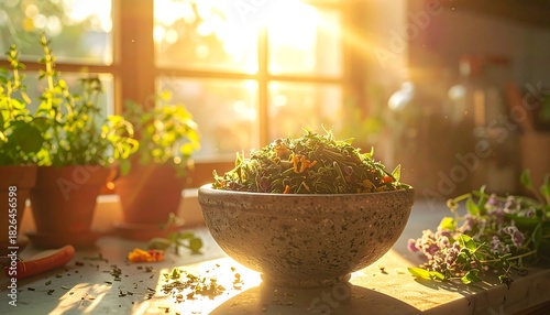 Bowl of herbs with sunlight