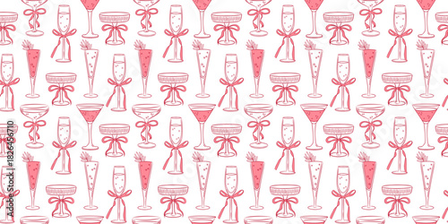 Elegant glasses with champagne or aperitifs. Whimsical pattern in pink. Fabric swatch, design for parties and restaurants