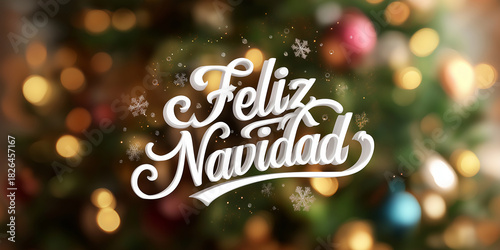 Feliz Navidad festive lettering with golden bokeh and Christmas tree lights