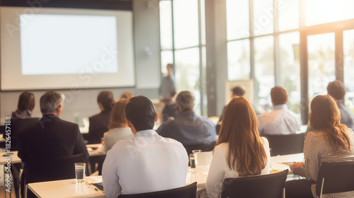Modern business seminar with audience listening to speaker in bright conference room, corporate training and networking