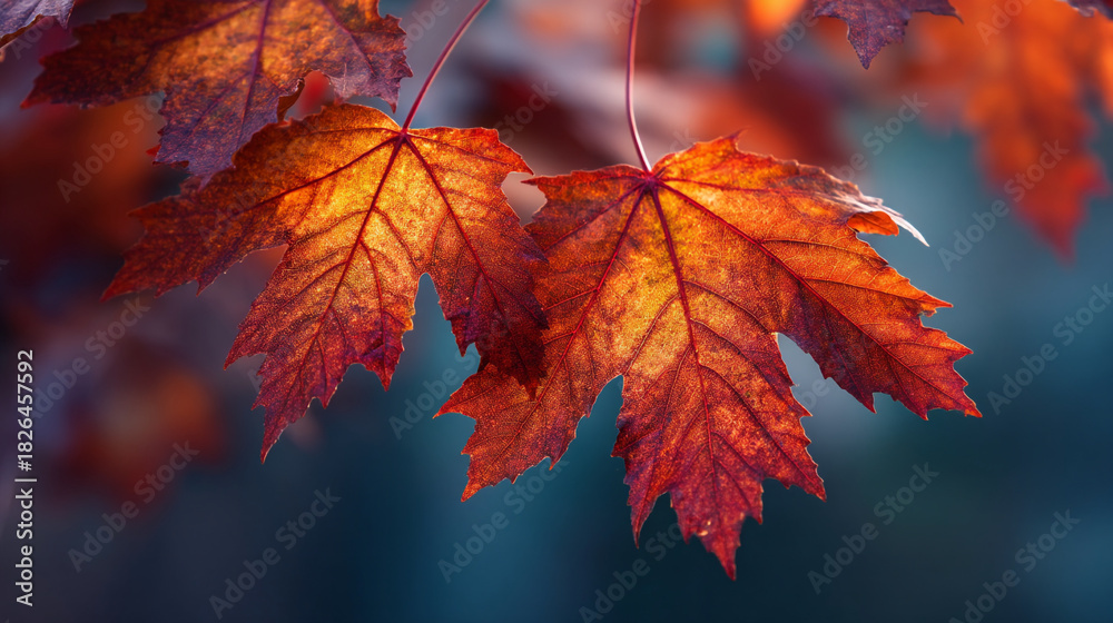 Fototapeta premium Close up of two vibrant maple leaves displaying autumn colors against a blurred background