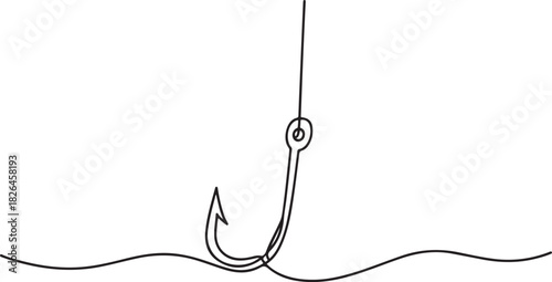 Fishing hook line continuous drawing vector. One line Hook vector. fisherman's equipment icon. Continuous outline of a Fishing hook. one line Icon drawing