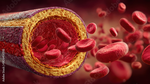 Artery cross-section showing red blood cells and cholesterol plaque.