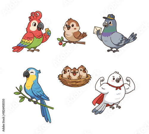 Cute cartoon birds set with different characters and poses