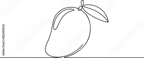 Continuous one single minimal line drawing mango, Continuous one line drawing of mango fruit with leaf. Mango fruit hand drawn single line art vector illustration. one line Icon drawing