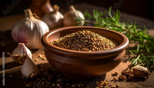 Close up of food ingredients on wooden surface