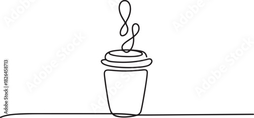 Continuous thin line coffee cup with smoke vector illustration, minimalist sketch doodle for cafe, Continuous Line Drawing of Take Away Coffee Icon. one line Icon drawing