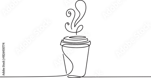 Continuous thin line coffee cup with smoke vector illustration, minimalist sketch doodle for cafe, Continuous Line Drawing of Take Away Coffee Icon. one line Icon drawing