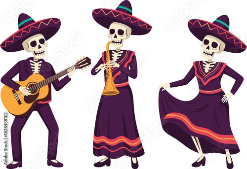 Day of the Dead skeletons dancing and playing music in traditional Mexican attire, festive celebration vector, cartoon flat illustration, colorful