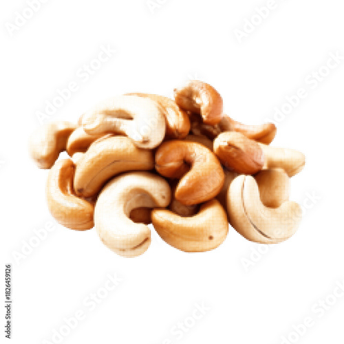 Halftone illustration of a pile of cashew nuts with smooth curved shapes and warm beige tones. Symbolizes nutrition, energy, snacks, healthy fats, and natural plant-based food.
