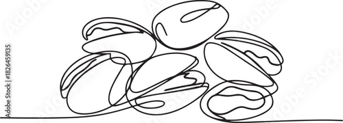 Tasty Pistachio Drawing, Organic pistachios in the sun, Healthy food and snack. one line Icon drawing