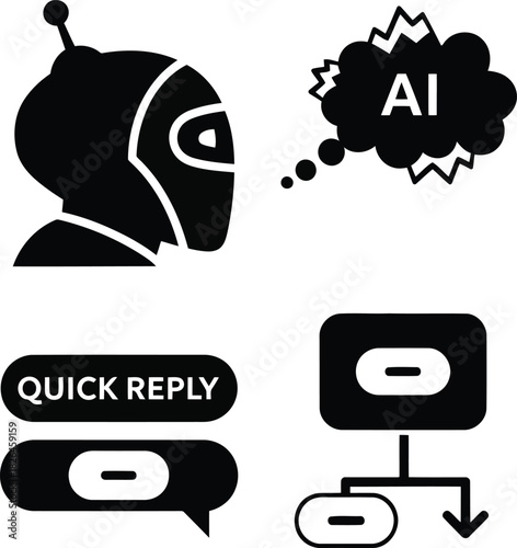 Robot head A I cloud quick reply chat bubble flowchart