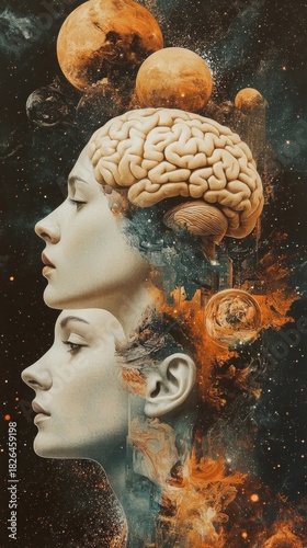 The profile of a person with a brain filled with cosmic objects symbolises the connection between the mind and the universe, fitting perfectly into the background  