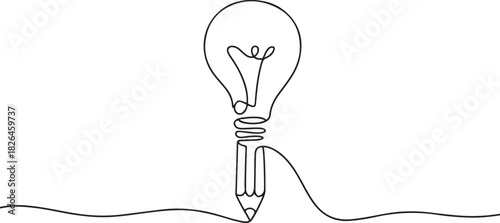 Continuous One line drawing of Pencil with idea light bulb combined into symbol, creative energy design art or science invention or research. one line Icon drawing
