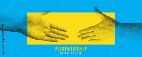 Hands reaching towards each other. Business agreement and teamwork. Partnership concept. Modern art with grain effect. Gritty noise monochrome texture. Vector stipple illustration