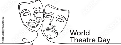 World theater day banner design, with character mask sketch, continuous one line drawing, vector illustration. one line Icon drawing