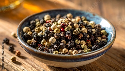 Close up of mixed peppercorns in a bowl