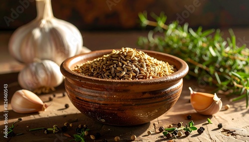 Close up of spices garlic and herbs