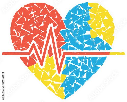 Vibrant Mosaic Heart with Ecg Heartbeat Line in Red Blue and Yellow Fragments