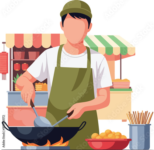 Street vendor busy cooking near vibrant stalls in a lively illustration. Ideal for food market flyers, cultural event posters, and travel brochures.