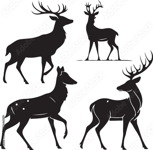 Stylized black deer silhouette collection featuring elegant poses, bold contrast, minimalist monochrome design, showcasing graceful forms, antlers, and dynamic herd movement