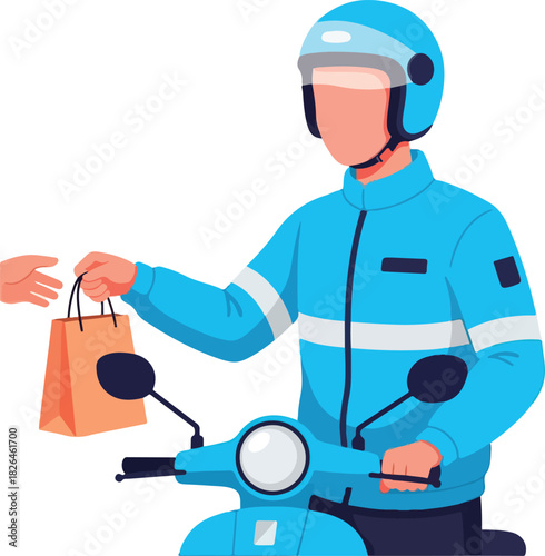 Delivery driver on a scooter handing a bag, suitable for food delivery service, online ordering apps, urban logistics, courier service.