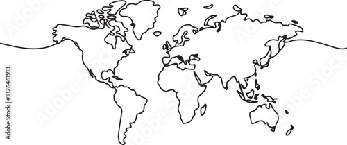 World map. Outline silhouette vector illustration. one line Icon drawing