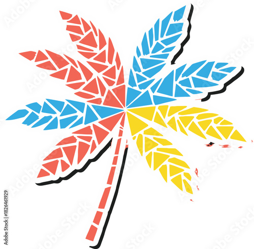 Vibrant Abstract Mosaic Palm Leaf Shape with Geometric Fragments in Coral, Blue, and Yellow Colors