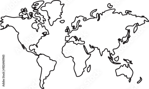 World map. Outline silhouette vector illustration. one line Icon drawing