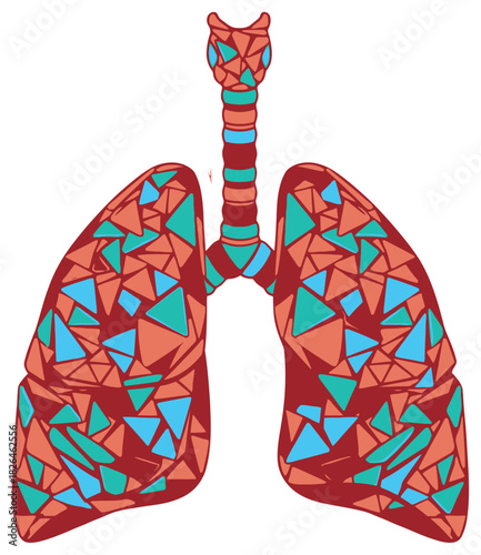 Vibrant Geometric Mosaic Art Illustrating Human Lungs and Trachea Anatomy with Colorful Patterns