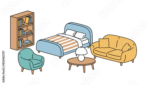 Isometric home furniture set illustrating interior room items