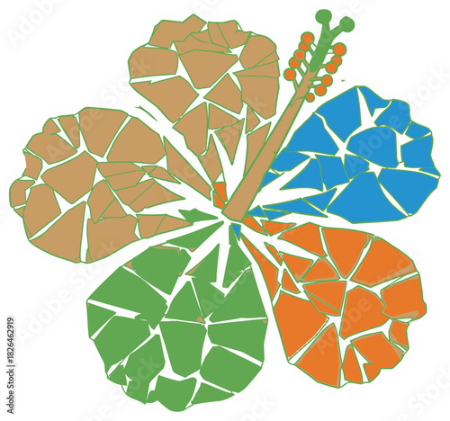 Vibrant Hibiscus Flower Illustration in Fragmented Mosaic Geometric Style