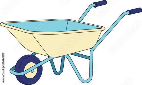 Wheelbarrow with light color, blue wheel and frame. Ideal for gardening, construction, or summer themes in design projects.