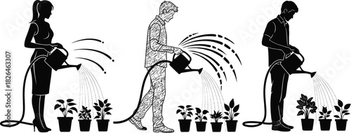 Black silhouette set of people watering potted plants with a watering can, symbolizing gardening, nurturing, care for nature, growth, environment, and personal development investment