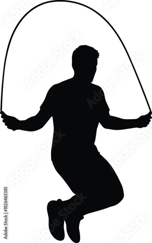 Man performing jump rope exercise, executing an intense cardio workout, engaging in fitness training, represented as a detailed black silhouette vector isolated on white background