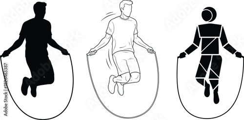 Man jumping rope illustration set different styles silhouette, line art, geometric representing cardio fitness, exercise, and training concepts