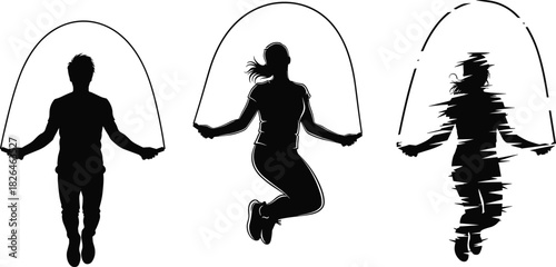 Triptych illustration of people jump roping, showing fitness, cardio, dynamic movement, and energy in contrasting silhouette styles