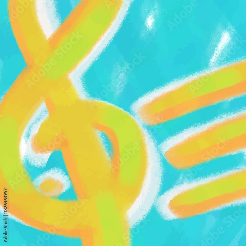 A yellow tremble clef on the staff against the green-blue background symbolizing Swedish flag; a digital pastel painting and vector illustration for Sweden's music playlist, podcast, radio covers.