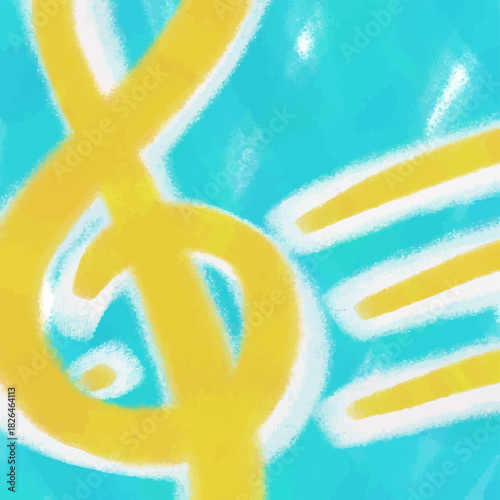 A yellow tremble clef on the staff against the green-blue background symbolizing Swedish flag; a digital pastel painting and vector illustration for Sweden's music playlist, podcast, radio covers.