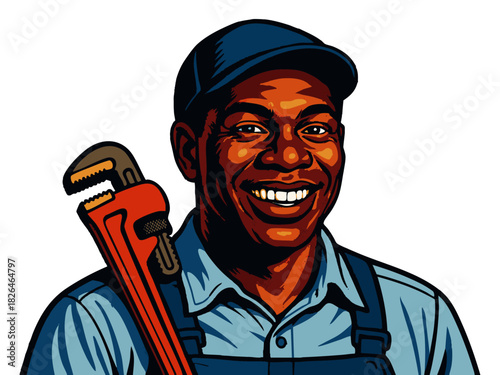 happy plumber in uniform with a large red pipe wrench, ideal for trade or service concepts. Generative ai vector colorful pop art illustration.
