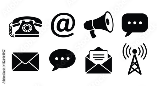 Black and white communication symbol collection, showing telephone device, email sign, megaphone alert, chat bubble, mail envelope, and broadcasting tower, perfect for business presentations