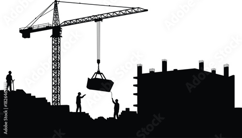 Construction site silhouette: a powerful industrial illustration of crane lifting heavy load onto a high-rise building framework, with workers actively collaborating to complete the city