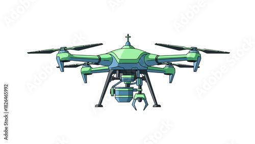 A green and blue quadcopter drone with a gripper