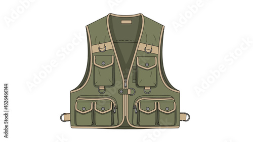 A green utility vest with multiple pockets zippers and Drings