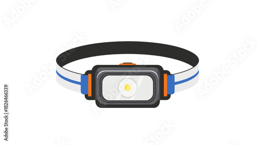 A headlamp with a white and blue striped strap on a white background